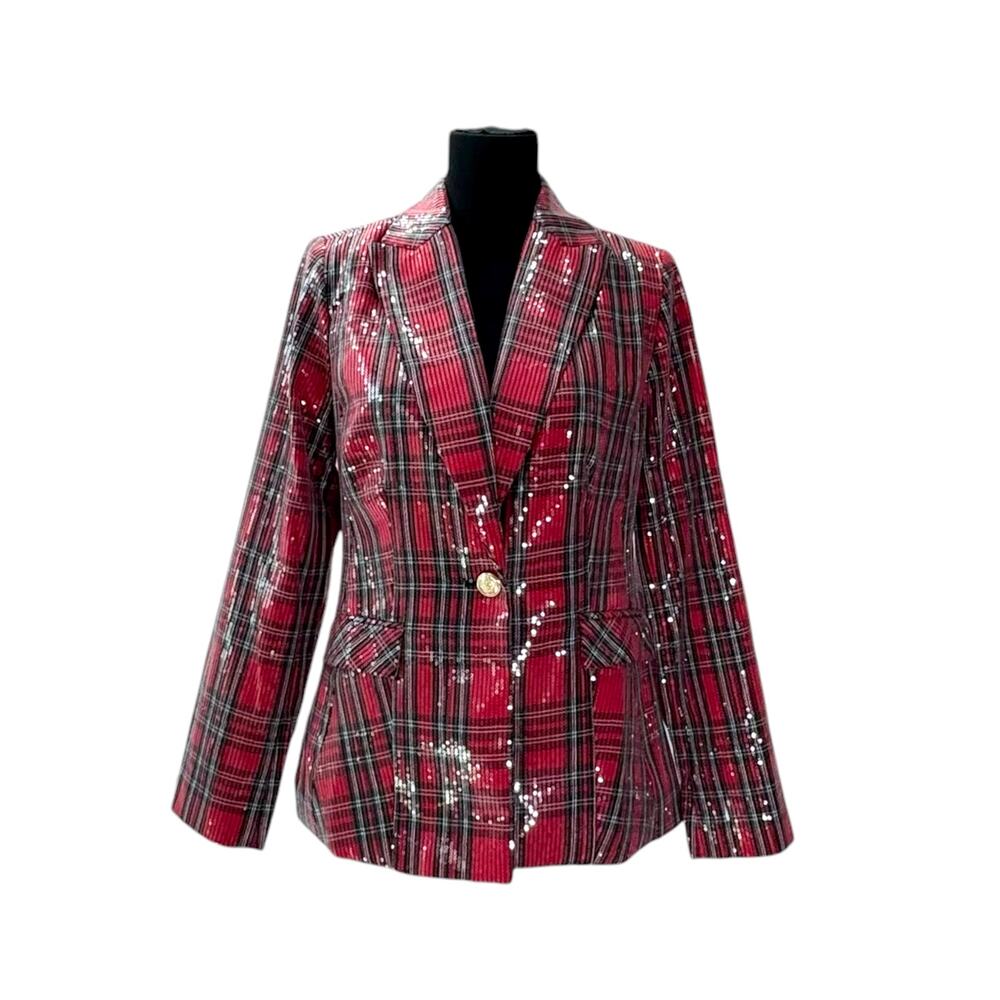 CATO Collection Limited Edition Red Plaid Sequin Statement Blazer Women's XS